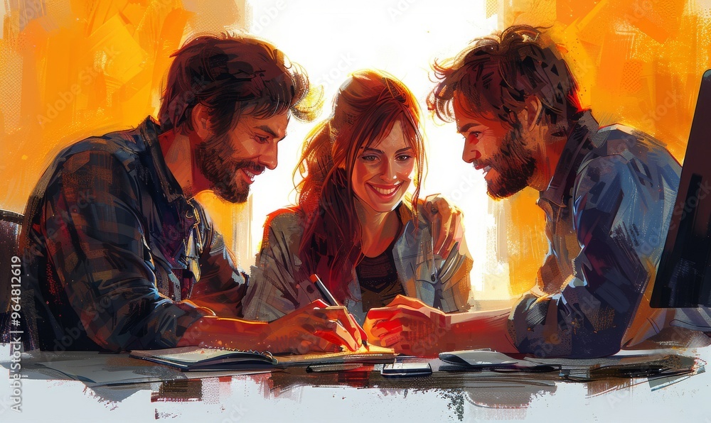 Creative brainstorming session among three friends in a cozy workspace, illuminated by warm sunlight during a productive afternoon