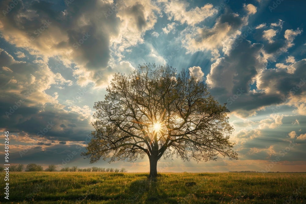 A large tree is silhouetted against a beautifully lit sky at sunset, with sunlight filtering through its branches, illuminating the surrounding grassy field. A large tree is silhouetted against a beautifully lit sky at sunset, with sunlight filtering through its branches, illuminating the surrounding grassy field.