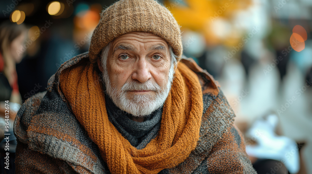 Older man wearing hat and scarf, standing outdoors in city street, looking thoughtful and reflective. Autumn season, warmth, urban life, senior in cozy clothing, thoughtful gaze Older man wearing hat and scarf, standing outdoors in city street, looking thoughtful and reflective. Autumn season, warmth, urban life, senior in cozy clothing, thoughtful gaze
