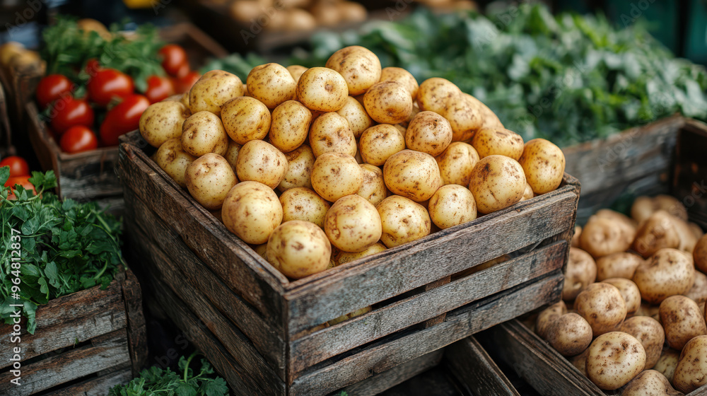 Freshly harvested organic potatoes in wooden crates at a local farmer's market. Rustic display of healthy vegetables, earthy produce ready for sale, farm-to-table concept with fresh greens Freshly harvested organic potatoes in wooden crates at a local farmer's market. Rustic display of healthy vegetables, earthy produce ready for sale, farm-to-table concept with fresh greens