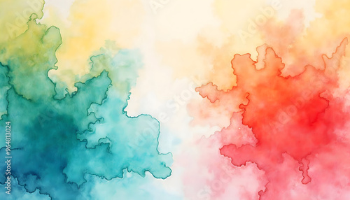 Colorful abstract background blending watercolor stains in red, yellow and blue colors