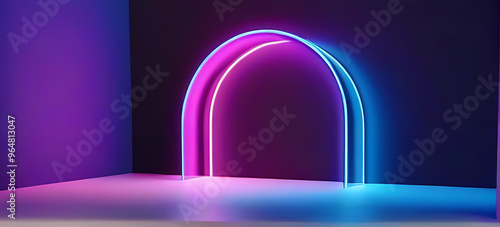 neon glowing round arch dark virtual scene product design abstractly rendered vibrant blue pink purple light rendered mockup
