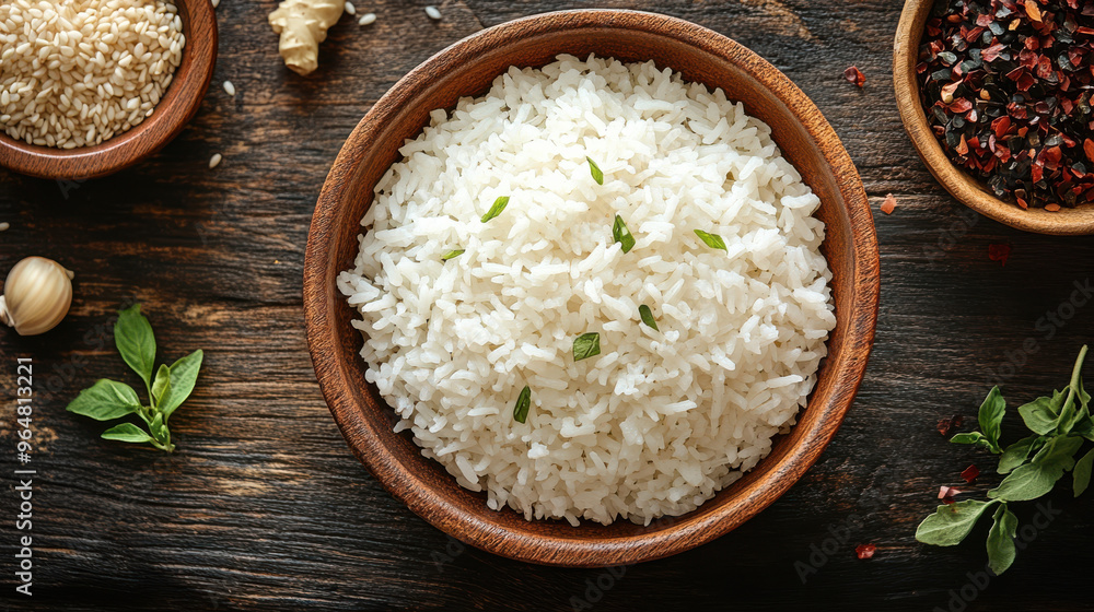 Bowl of freshly cooked white rice with basil leaves, served on rustic wooden table, healthy vegan food, simple side dish, delicious grains, wholesome meal, garlic garnish Bowl of freshly cooked white rice with basil leaves, served on rustic wooden table, healthy vegan food, simple side dish, delicious grains, wholesome meal, garlic garnish