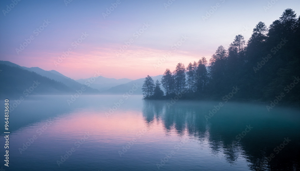 Fototapeta premium Foggy Lake with Forest Reflection at Sunrise