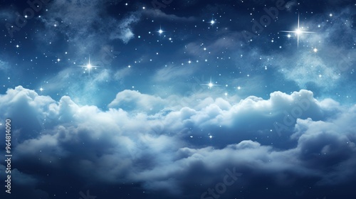 Enchanting Starry Night Sky with Glistening Stars and Soft, Fluffy Clouds Over Tranquil Horizon