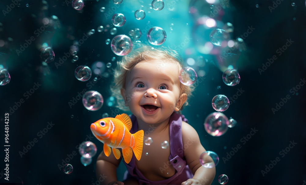 A joyful excited baby with blonde hair and blue eyes, submerged underwater, surrounded by bubbles and an orange fish, captures the magic of an aquatic dreamscape in this AI-generated image.