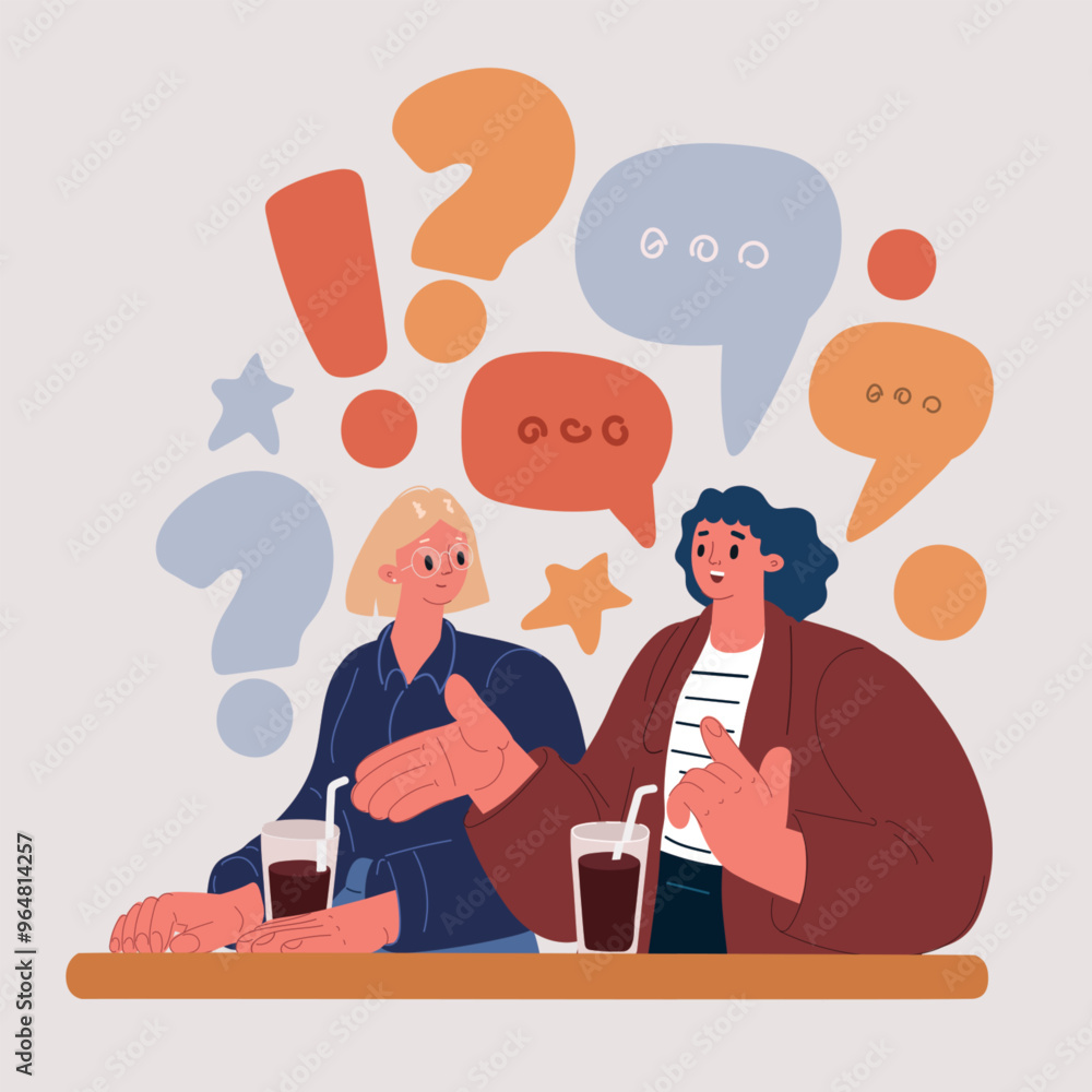 Cartoon Vector Illustration of two Friends Chatting over Coffee in a Cozy Café Cartoon Vector Illustration of two Friends Chatting over Coffee in a Cozy Café