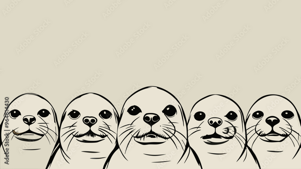 Group of Minimalist Seal Illustrations in Black and White, Playful Design with Copy Space Group of Minimalist Seal Illustrations in Black and White, Playful Design with Copy Space