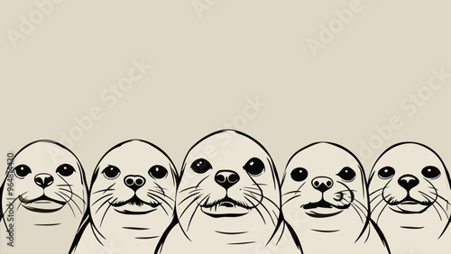 Group of Minimalist Seal Illustrations in Black and White, Playful Design with Copy Space