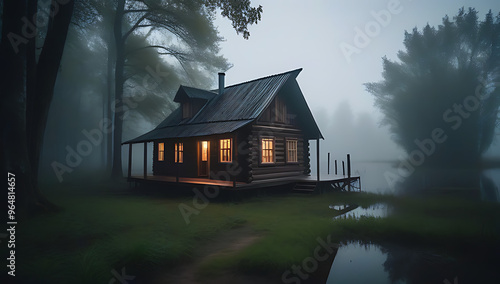 wooden cabin located swamp image horror spooky dark atmosphere cabin haunted landscape rural filled mist fog stormy weather photo