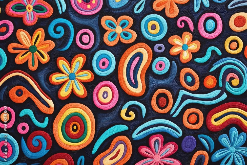 Vibrant and playful abstract pattern featuring colorful flowers and swirls on a dark background, perfect for creative designs. Vibrant and playful abstract pattern featuring colorful flowers and swirls on a dark background, perfect for creative designs.