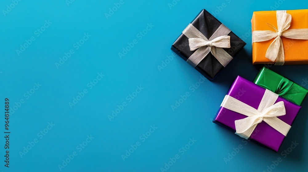 Colorful gift boxes on a blue background with copy space. Gift boxes and boxing Day Concept. Colorful gift boxes on a blue background with copy space. Gift boxes and boxing Day Concept.