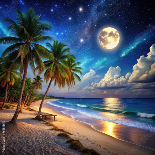 Wallpaper Mural Nighttime beach landscape with palm trees and a bright moon over calm waves. Generative AI Torontodigital.ca