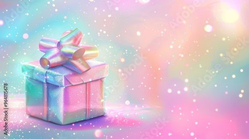 Beautifully wrapped gift box with iridescent bow against pastel, sparkling background. ideal for holiday celebrations, giftthemed designs, and festive greeting cards.