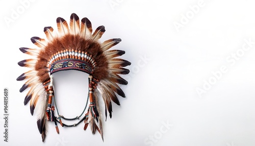 Indian chief headdress native American ethnic feathers of various colors were tied together with cloth and animal skins strung together with colorful beads isolated on white background with copy space