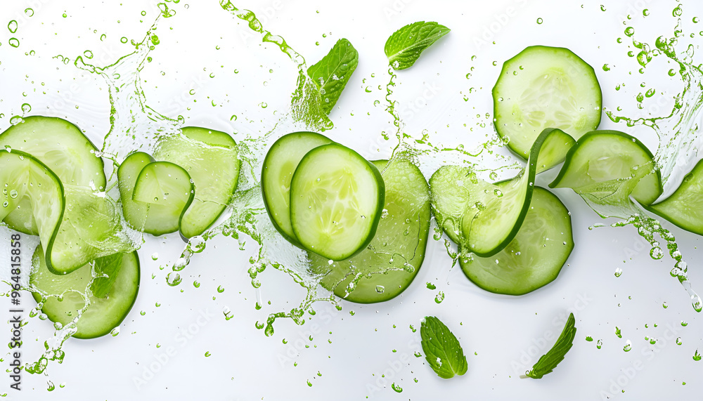 Cucumber slices rotate in splashes of juice on white background Cucumber slices rotate in splashes of juice on white background