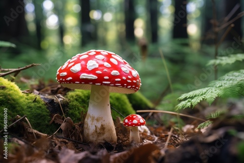 Fly Agaric red and white poisonous mushroom or toadstool background in the forest