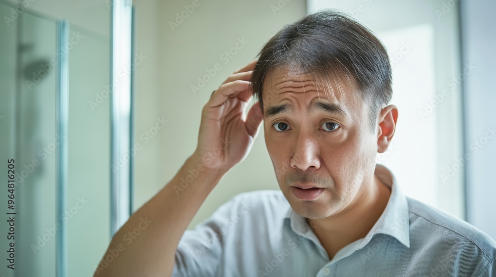 Middleaged Southeast Asian Man Worrying About Hair Loss, Expression of Concerned, Photorealistic, Portrait for Health and Wellness Theme Middleaged Southeast Asian Man Worrying About Hair Loss, Expression of Concerned, Photorealistic, Portrait for Health and Wellness Theme