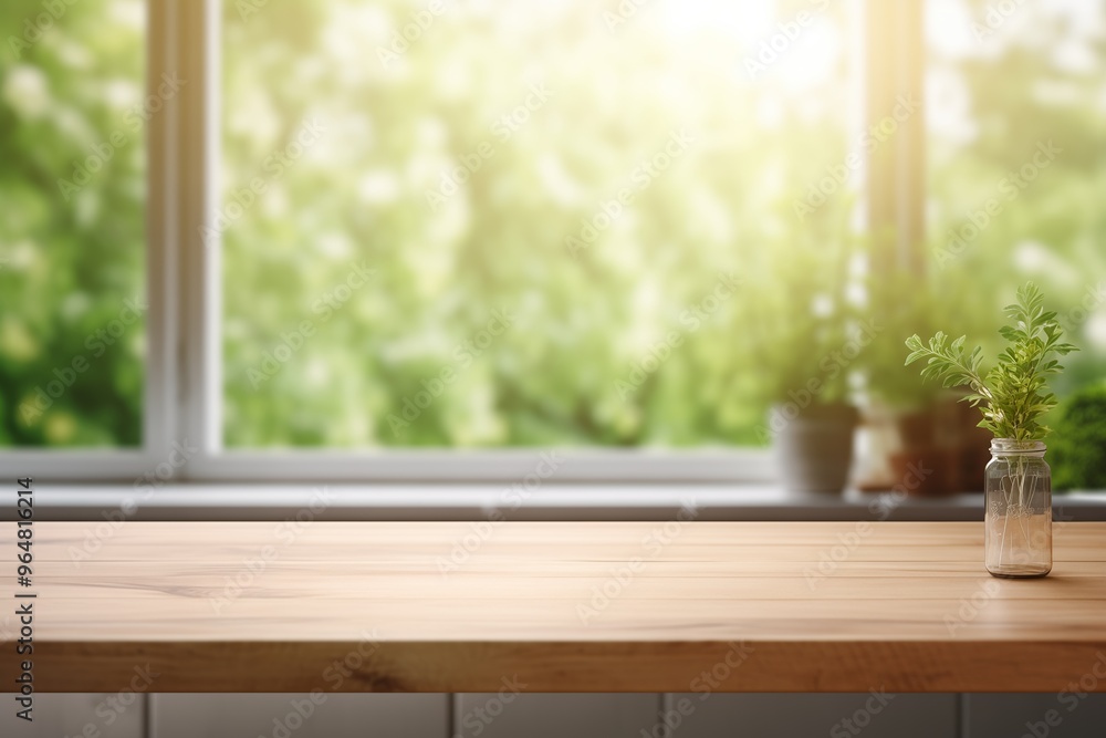 Fototapeta premium Free space table top background on blurred kitchen window interior 
