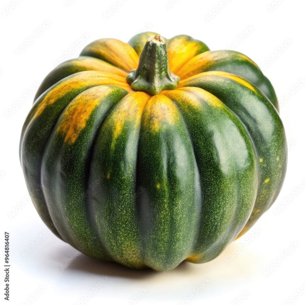 Whole acorn squash with green and yellow stripes isolated on white background. Generative AI Whole acorn squash with green and yellow stripes isolated on white background. Generative AI