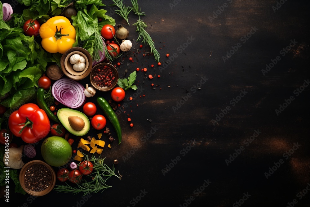 Fresh healthy food cooking or salad making ingredients on dark background with rustic wooden board. Diet or vegetarian food concept. Top view, copy space Fresh healthy food cooking or salad making ingredients on dark background with rustic wooden board. Diet or vegetarian food concept. Top view, copy space