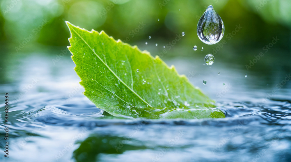 A vibrant green leaf floats on still water as a droplet descends A vibrant green leaf floats on still water as a droplet descends