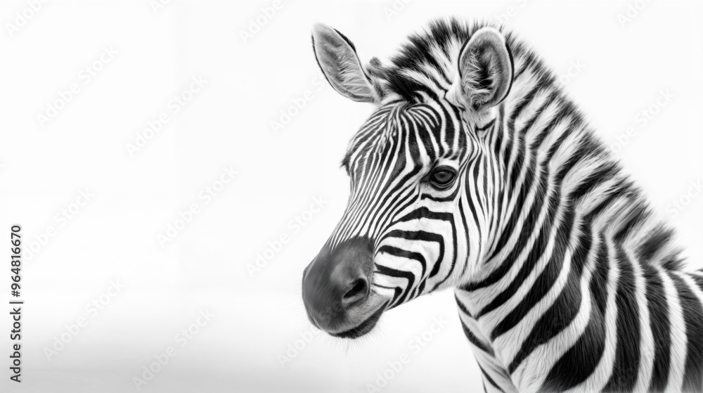 A close-up view of a zebra's head showcasing its distinct black and white stripes against a soft white background A close-up view of a zebra's head showcasing its distinct black and white stripes against a soft white background