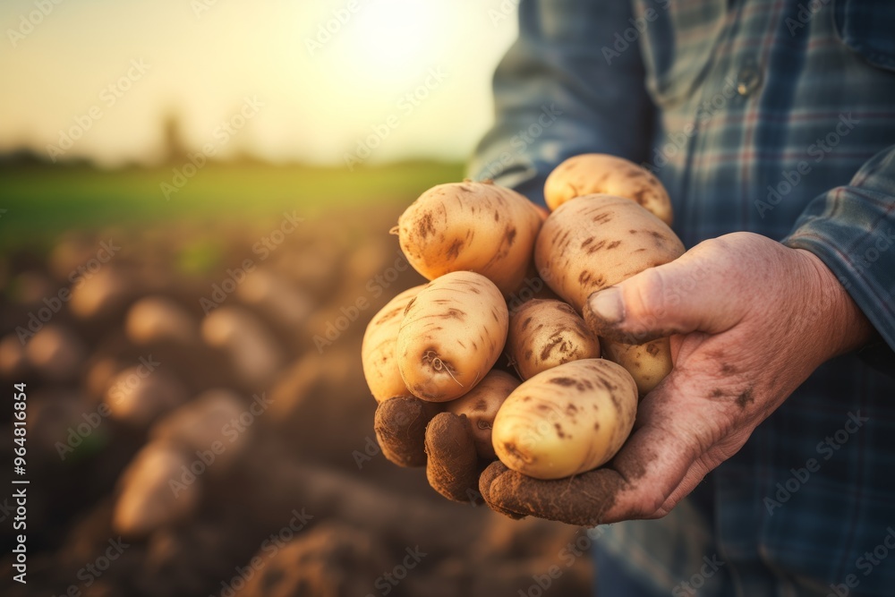 Freshly harvested young potatoes in the farmer's hands, farm field background with copy space Freshly harvested young potatoes in the farmer's hands, farm field background with copy space