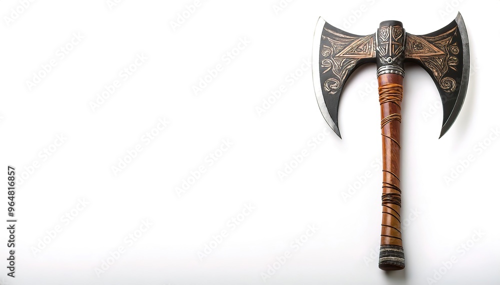 closeup view of a decorative Tomahawk A battle axe. A stone or metal tool of the Native American Indians. for design or decor in a southwest style home. isolated on white background with copy space. closeup view of a decorative Tomahawk A battle axe. A stone or metal tool of the Native American Indians. for design or decor in a southwest style home. isolated on white background with copy space.