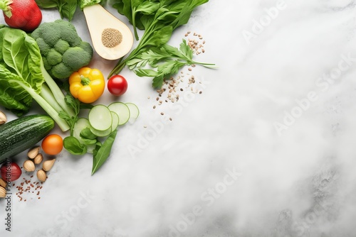 Fresh raw greens, unprocessed vegetables and grains over light grey marble kitchen countertop, wtite plate in center, top view, copy space. Healthy, clean eating, vegan, detox, dieting food concept  photo