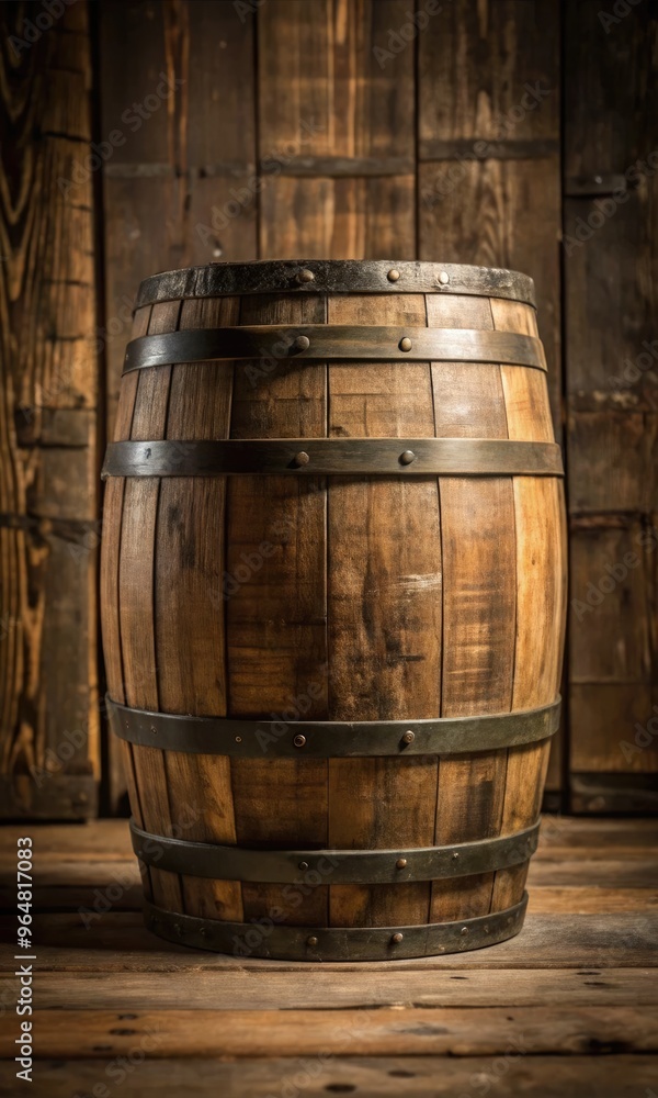 Rustic tequila barrel stands prominently in a warm, wooden setting. Generative AI Rustic tequila barrel stands prominently in a warm, wooden setting. Generative AI