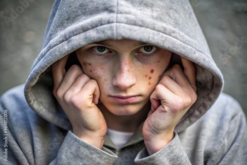 Teenager in hoodie hides face with acne, expressing insecurity and discomfort. Generative AI