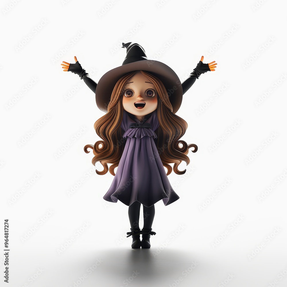 Charming cartoon witch character with flowing hair, dressed in a stylish purple dress and hat, showcasing joy and magic. Charming cartoon witch character with flowing hair, dressed in a stylish purple dress and hat, showcasing joy and magic.