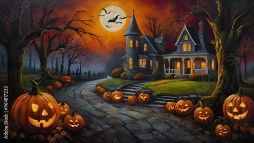 Oil painting of a Halloween scene, rich colors, thick brushstrokes perfect for Halloween photo