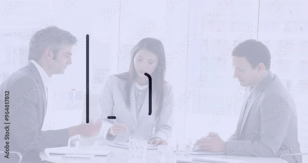 Animation of business icons over diverse business people talking in office Animation of business icons over diverse business people talking in office