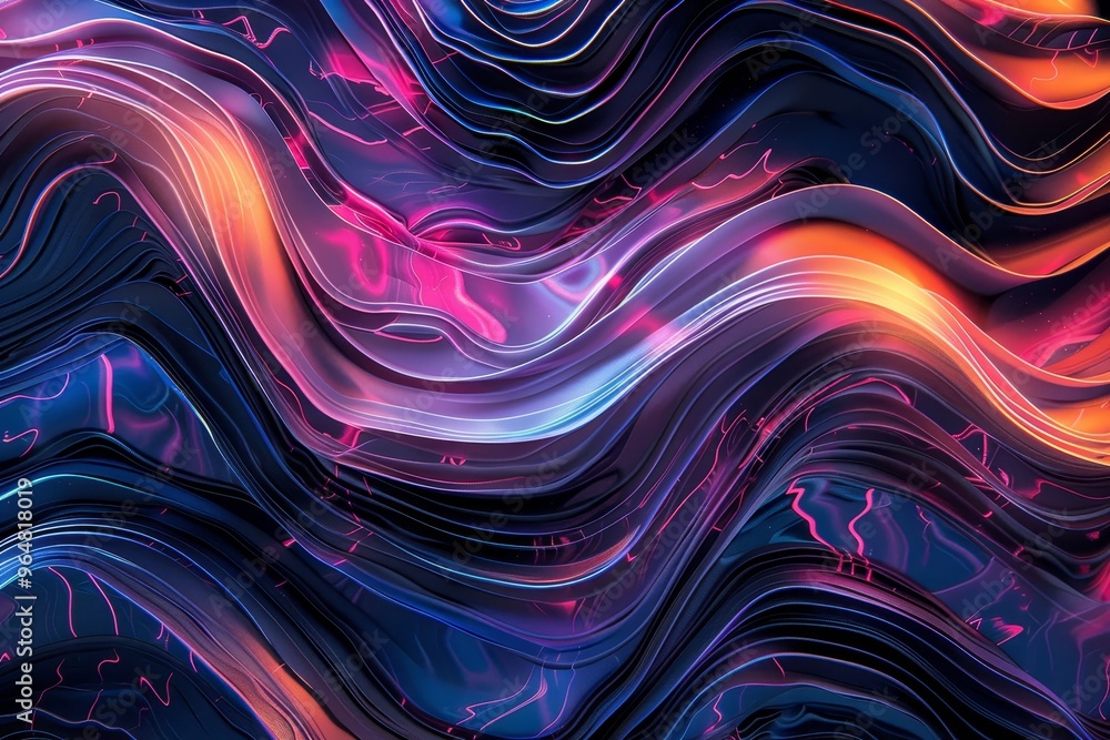 Swirling vibrant colors in waves create a mesmerizing abstract design, blending shades of blue, purple, and orange against a dark backdrop, evoking energy and movement.
