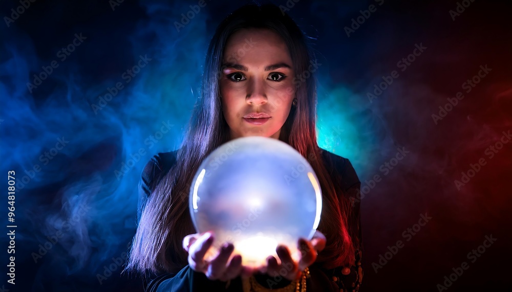 Naklejka premium Mystic young Woman Holding Illuminated Crystal Ball at Night with Intense Gaze,