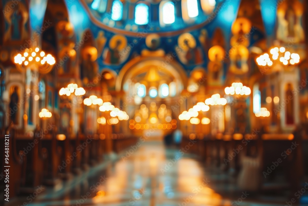 Obraz premium Blurred abstract Orthodox church background, traditional Christian faith setting.