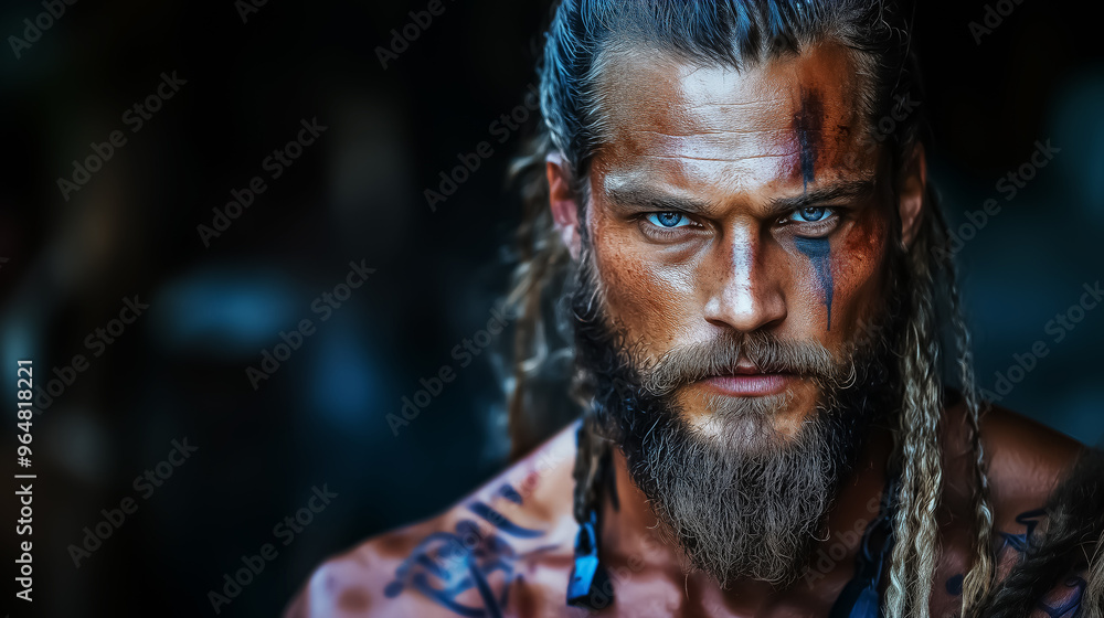 Fierce portrait of a barbarian warrior with tribal tattoos and face paint, perfect for fantasy artwork or historical event promotions. Fierce portrait of a barbarian warrior with tribal tattoos and face paint, perfect for fantasy artwork or historical event promotions.