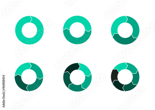 Set of circular chart diagrams. Circles arrow cut separated on1,2,3, 4,5, 6, with empty middle,simple flat design vector illustration.