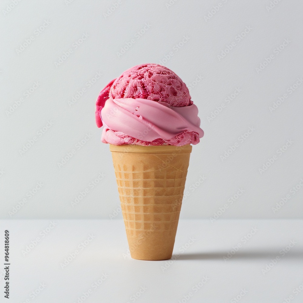 Pink soft serve ice cream in a cone on white background.. Pink soft serve ice cream in a cone on white background..