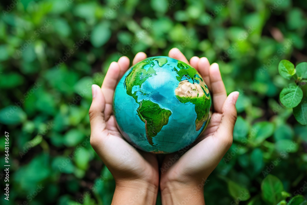 Hand holding earth globe on green leaves background, save the world concept Hand holding earth globe on green leaves background, save the world concept