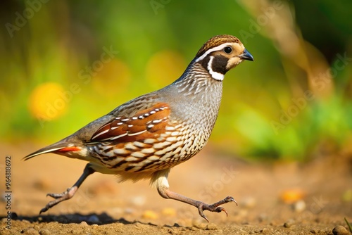 Quail running across a sunny meadow during the early morning hours. Generative AI