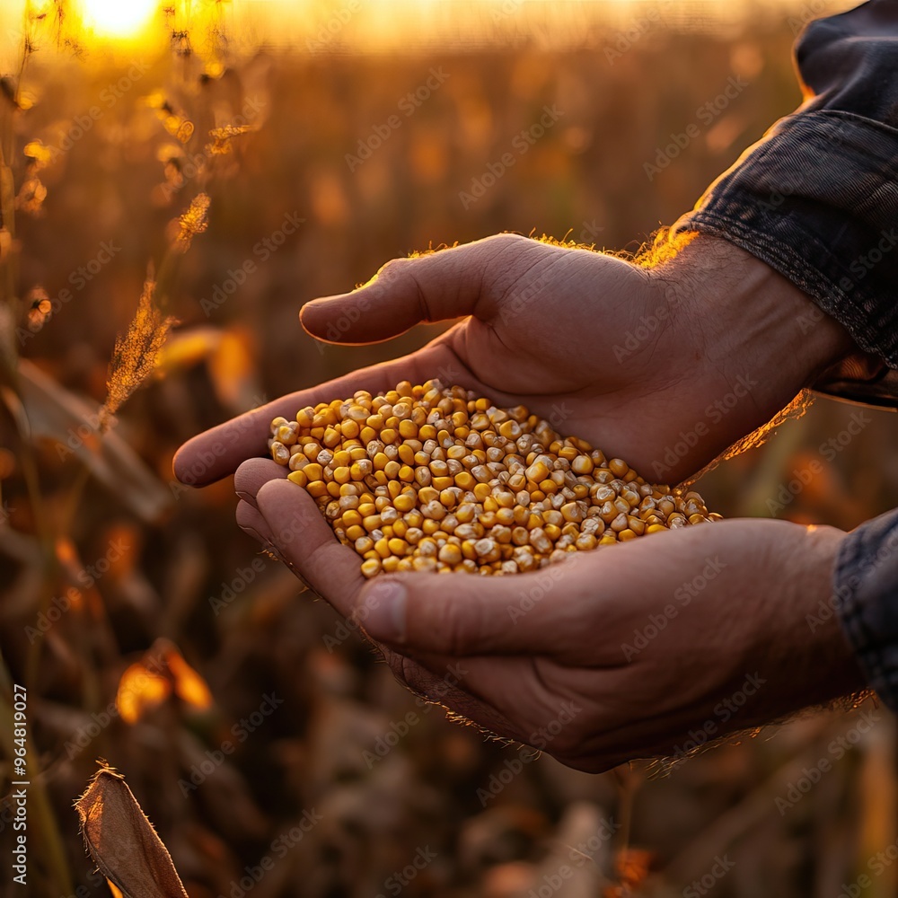 Farmer holding yellow grains in the golden light of sunset. AI generated image. Harvesting Background Farmer holding yellow grains in the golden light of sunset. AI generated image. Harvesting Background