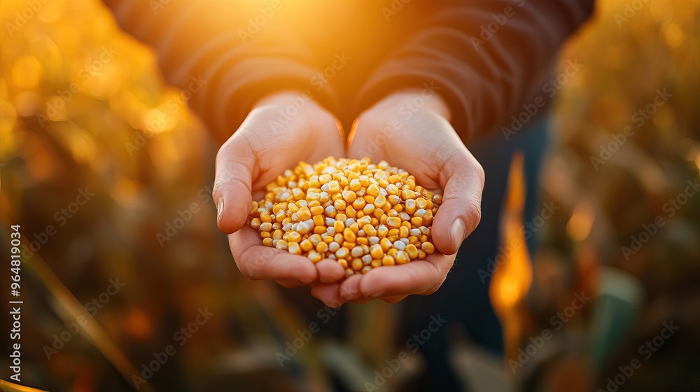Farmer holding yellow grains in the golden light of sunset. AI generated image. Harvesting Background Farmer holding yellow grains in the golden light of sunset. AI generated image. Harvesting Background
