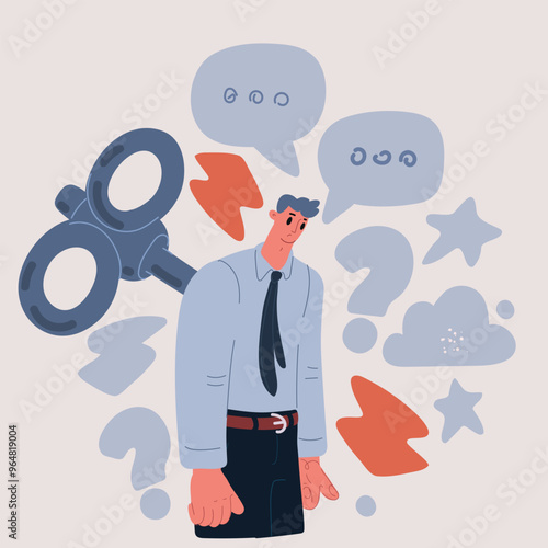 Cartoon Vector Illustration of Man with a Wind-Up Key in His Back, Exhausted and Burnt Out, Concept of Overworking and Burnout