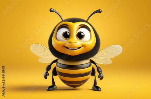 smiling 3d illustrated bee with black stripes standing on yellow background in joyful mood