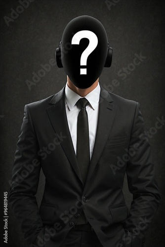 Man in a Suit with a Question Mark on His Head and Black Fabric Mask, Posing in Profile Photo, Representing a Mysterious and Anonymous Individual