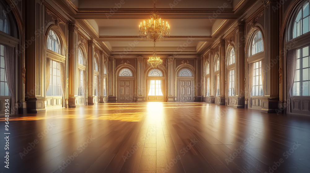 Elegant empty ballroom with large windows and chandelier, perfect for weddings, galas, or formal events. Design for Wall Art, Poster Print, Wallpaper & Background Elegant empty ballroom with large windows and chandelier, perfect for weddings, galas, or formal events. Design for Wall Art, Poster Print, Wallpaper & Background
