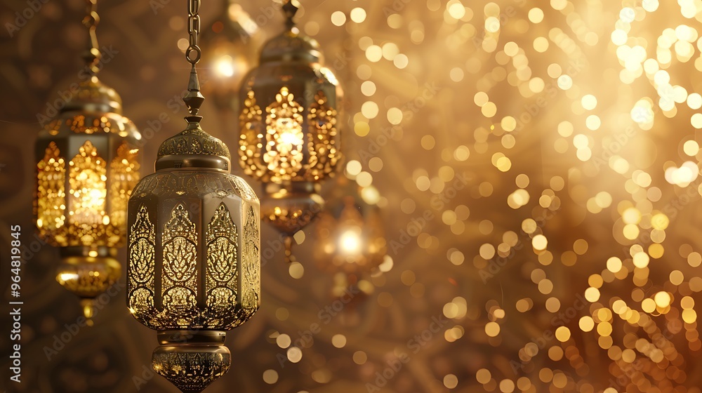 Golden Ramadan Lanterns with Bokeh Lights Golden Ramadan Lanterns with Bokeh Lights